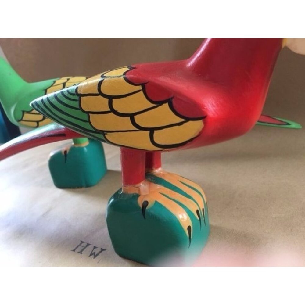 Parrots Pair Wooden FOLK ART Carved Marked JUAN PUELLO R.D. Set Of 2 - Picture 10 of 12